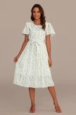 Olive Floral Short Sleeve Round Neck Waist Tie Pleated Midi Dress