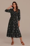 Black Palm Print Long Sleeve V Neck Smocked Midi Dress