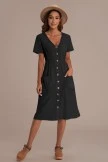 Casual Short Sleeve V Neck Button Down Midi Dress With Pockets