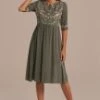 Olive Floral Embroidery Half Sleeve Round Neck Swiss Dots Cotton Midi Dress -LILA Clothing Shop d2051903 1