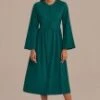 Dark Green Long Sleeve Round Neck Buttons Midi Dress -LILA Clothing Shop d2062302 1