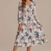 Leaves Print Long Sleeve V Neck Smocked Midi Dress -LILA Clothing Shop d2062304 1