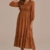 Mocha Dot Long Sleeve V Neck Smocked Maxi Dress -LILA Clothing Shop d2111002 1