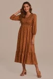Mocha Dot Long Sleeve V Neck Smocked Maxi Dress