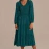 Teal Long Sleeve V Neck Smocked Tiered Midi Dress -LILA Clothing Shop d2111101 1