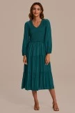 Teal Long Sleeve V Neck Smocked Tiered Midi Dress
