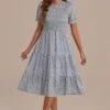 Floral Short Sleeve High Ruffle Neck Smocked Tiered Midi Dress