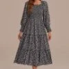 Black Floral Long Sleeve Square Neck Smocked Tiered Midi Dress -LILA Clothing Shop d22090101 1