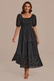 Black Short Sleeve Square Neck Tiered Maxi Dress