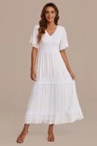 White Lace Short Sleeve V Neck Tiered Maxi Dress
