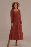 Elegant Long Sleeve V Neck Shirring Maxi Dress