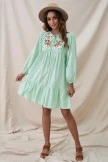Green Floral Embroidery Ruffle Long Sleeve Lace Neck Dress