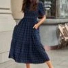 Navy Short Sleeve Round Neck Plaid Cotton Maxi Dress -LILA Clothing Shop gty00284