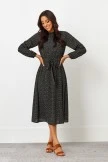 Round Shirred Neck Long Sleeve Midi Dress
