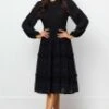 Round Neck Elasticised Waist Long Sleeve Midi Dress